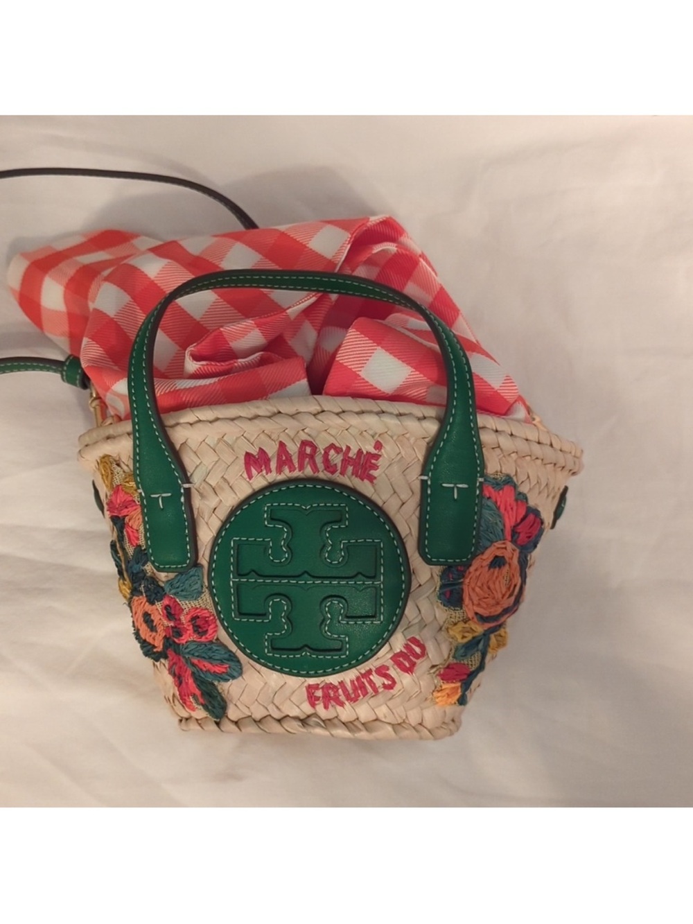 Tory Burch Green Trim Embroidered Woven Straw Tote with Red Gingham Accent